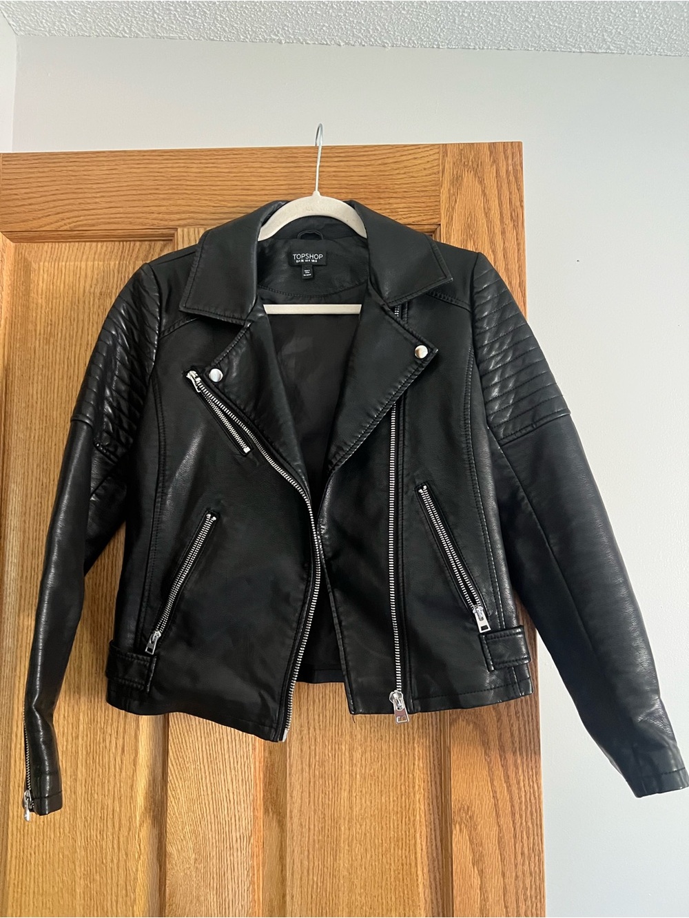 Topshop Black Quilted-Shoulder Leather Biker Jacket